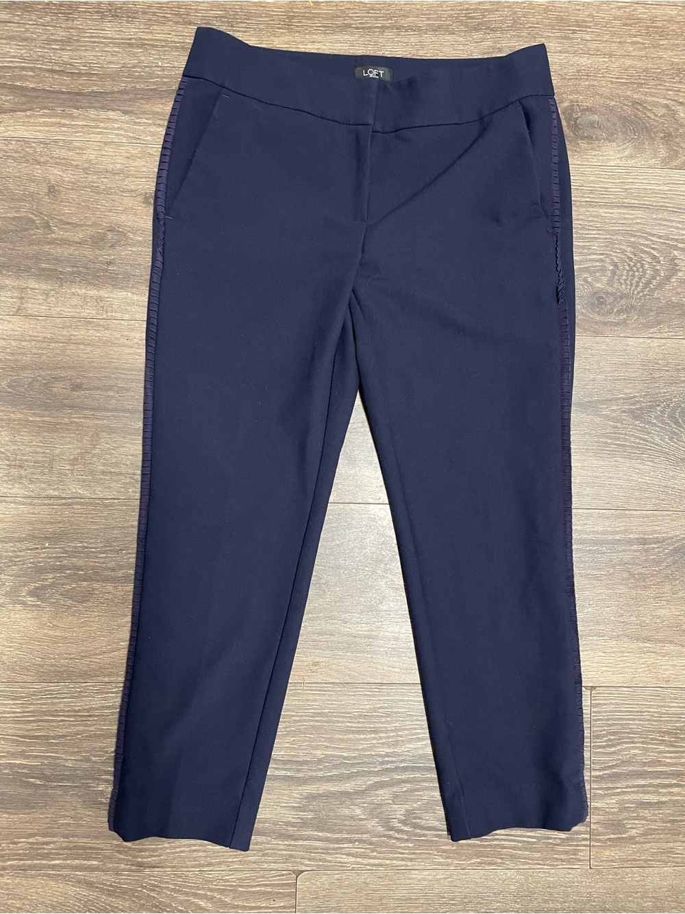LOFT 4 p marisa Navy Stretch Slim pants bottoms ruffle side detail career
